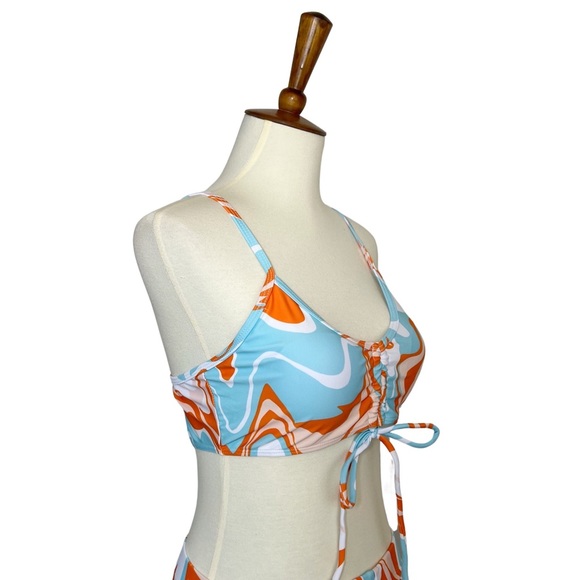 Retro 3 Pcs Set Orange Blue White Psychedelic Bikini & Coverup - Picture 11 of 15